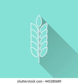 Barley vector icon with long shadow. White illustration isolated on green background for graphic and web design.