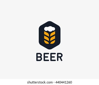 Barley wheat ears brewery logotype. Mug with foam beer idea vector logo design template. Pub modern symbol. 