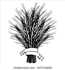 Las orejas de cebada o trigo se agrupan con cinta blanca. Ilustración de boceto dibujada a mano en blanco y negro para diseño de panadería, etiquetas o etiquetas