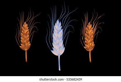 Barley, wheat, oats, rye vector illustration. Bread ears organic herb which is used in the brewery of beer or bakery. Labels and packaging. Engraved hand drawn illustration. Isolated on black