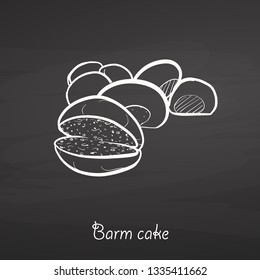 Barm cake food sketch on chalkboard. Vector drawing of Yeast bread, usually known in Lancashire. Food illustration series.