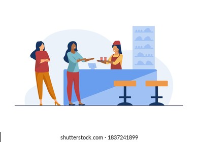 Barmaid giving dish to cafe visitor. Drink, beverage, snack. Flat vector illustration. Catering service concept can be used for presentations, banner, website design, landing web page