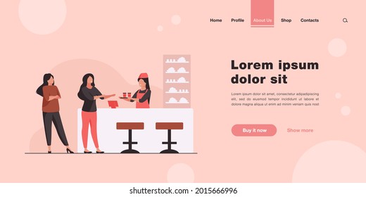 Barmaid Schenken Gericht für Café-Besucher. Trinken, trinken, Snack. Flache Vektorgrafik. Catering-Service-Konzept kann für Präsentationen, Banner, Website-Design, Landing-Webseite verwendet werden