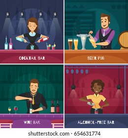 Barman 2x2 design concept in cartoon style with male and female bartenders at bar racks flat vector illustration  