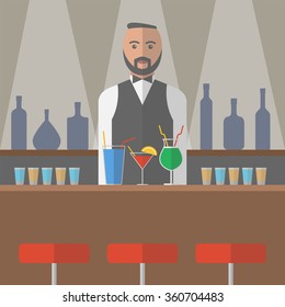 Barman in the bar. Vector illustration