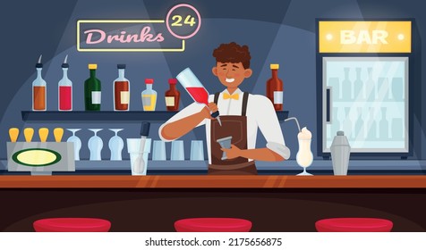 Barman bartender equipment flat composition with front view of bar stand with doodle character of bartender vector illustration