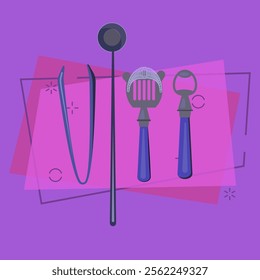 Barman equipment flat illustration. Bottle opener, ice tongs, stirrer, strainer. Bar concept. Vector illustration can be used for topics like drinks, beverage, utensils