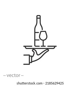 barman icon, barkeeper hand with wine bottle, sommelier expert or waiter, thin line symbol on white background - editable stroke vector illustration