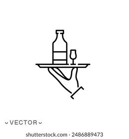 barman icon, barkeeper hand with wine bottle, sommelier expert or waiter, thin line symbol isolated on white background, editable stroke eps 10 vector illustration
