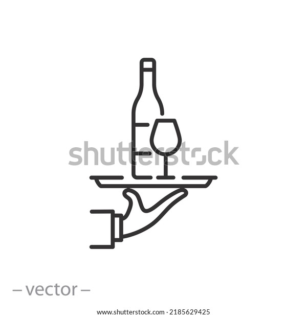 barman icon, barkeeper hand with wine\
bottle, sommelier expert or waiter, thin line symbol on white\
background - editable stroke vector\
illustration