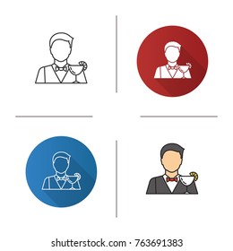 Barman icon. Bartender, barkeeper. Flat design, linear and color styles. Isolated vector illustrations