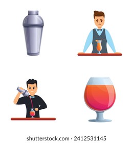 Barman icons set cartoon vector. Bartender at work. Cartoon people character