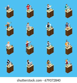 Barman isometric icons set with men and women standing at racks and pouring drinks isolated on blue background vector illustration 