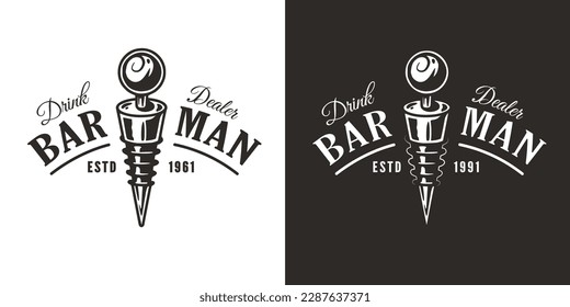 Barman logo or print with bottle stopper for bartending. Chromed metal wine stopper or cocktail bar tool for bartender.