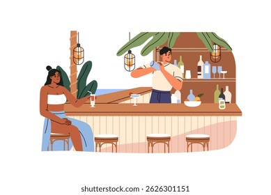 Barman makes cocktail, shakes, mixes tropical beverage. Tourist sits on bar counter on beach, order refreshing drink. Sea resort, summer travel. Flat isolated vector illustration on white background