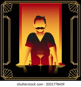 Barman with moustache and sparkling cherry cocktail and cocktail shaker. Vector square poster in art deco style.