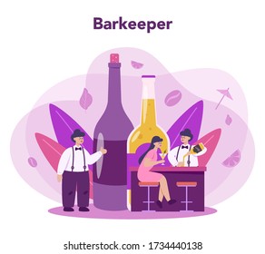 Barman preparing alcoholic drinks with shaker at bar. Bartender standing at bar counter, mixing cocktail. Isolated flat vector illustration