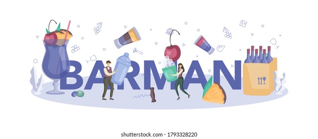 Barman preparing alcoholic drinks with shaker at bar typographic header. Bartender standing at bar counter, mixing cocktail. Isolated flat vector illustration