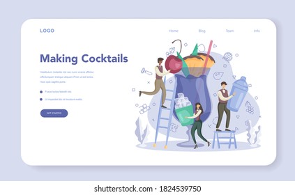 Barman preparing alcoholic drinks with shaker at bar web banner or landing page. Bartender standing at bar counter, mixing cocktail. Isolated flat vector illustration