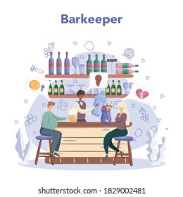 Barman preparing alcoholic drinks with shaker at bar. Bartender standing at bar counter, mixing cocktail. Isolated flat vector illustration