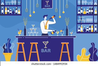 Barman Preparing Two Alcoholic Cocktails at Once at Bar Flat Cartoon Vector Illustration. Bartender Standing at Counter, Pouring Drink into Glasses fron Bottles. Night Club. Shelves with Drinks.