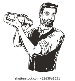 Barman con agitador por ladrar. Bar-bar con barba y bigote para cócteles.