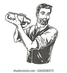 Barman with shaker for bartending. Barkeepr or bartender with beard and mustache for cocktail bar.