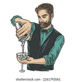 Barman with shaker and martini for bartending. Barkeepr or bartender with beard and mustache for cocktail bar.