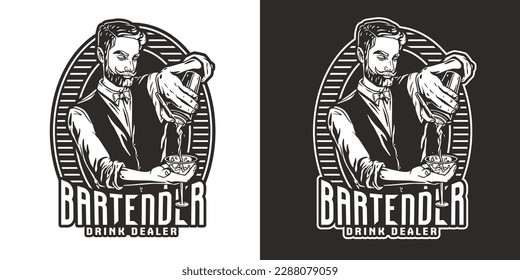 Barman con shaker y martini por regatear. Bar-bar con barba y bigote para cócteles.