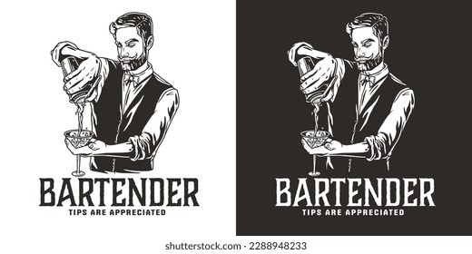 Barman mit Schüttler und Martini zum Feilschen. Barkeepr oder Barmann mit Bart und Schnurrbart für Cocktailbar.