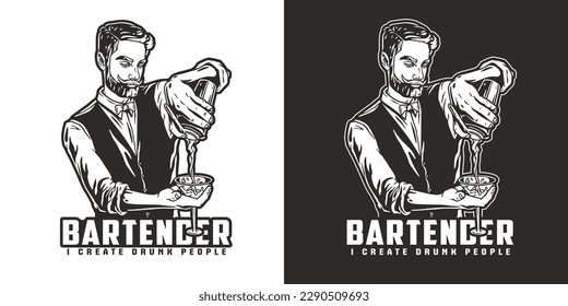 Barman with shaker and martini for bartending. Barkeepr or bartender with beard and mustache for cocktail bar.