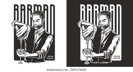 Barman with shaker and martini for bartending. Barkeepr or bartender with beard and mustache for cocktail bar.
