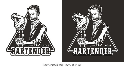 Barman with shaker and martini for bartending. Barkeepr or bartender with beard and mustache for cocktail bar.