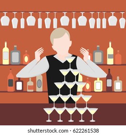 Barman show. Night life in bar. Alcoholic cocktails and bottles icon set. Flat pyramid of glass alcoholic martini, champagne with bubbles isolated, poster for restaurant bar menu