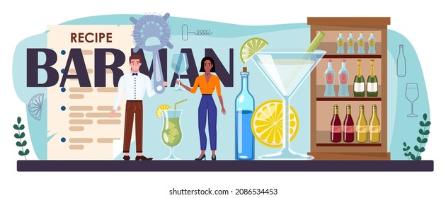 Barman typographic header. Bartender preparing alcoholic drinks with shaker at bar. Barkeeper standing at bar counter, mixing cocktails. Isolated flat vector illustration