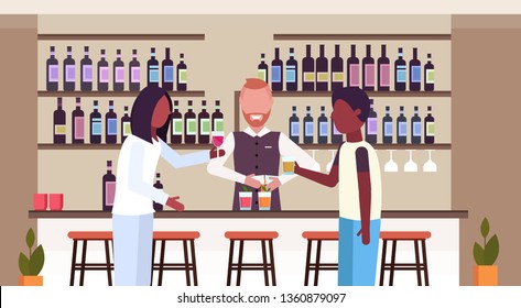 barman in uniform pouring drink in glasses bartender making cocktails and serving african clients drinking alcohol at bar counter modern restaurant interior flat horizontal portrait vector