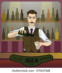 barman in work, hand drawn vector illustrated, beer club, work in a bar