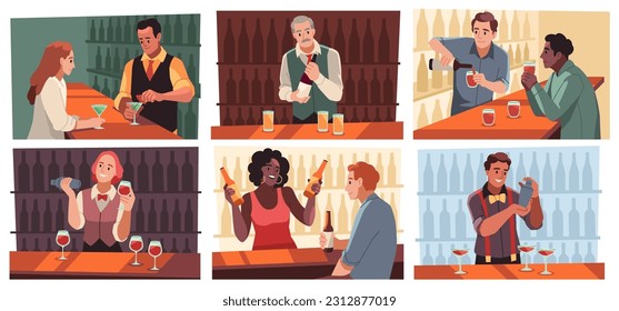 Personajes de Barmans. Los camareros profesionales preparan cócteles alcohólicos para los visitantes, las personas que toman cócteles en los bares, vinos y cerveza, agujeros y bebidas mixtas, dibujos animados de estilo plano conjunto de vectores