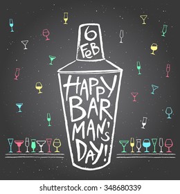 Barman's day vector illustration. Big chalk drawn shaker with greetings and date. Hand drawn International Barman day card - shaker and pattern background with tiny doodle style cocktail glasses.