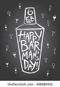 Barman's day vector illustration. Big chalk drawn shaker with greetings and date. Hand drawn International Barman day card - shaker and pattern background with tiny doodle style cocktail glasses.