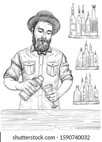 Barmen mixing cocktail, graphic sketch vector illustration