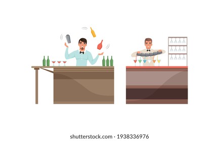 Barmen Pouring and Juggling of Alcoholic Cocktails Set, Bartenders Characters Mixing Ingredients at Bar Counter Cartoon Vector Illustration