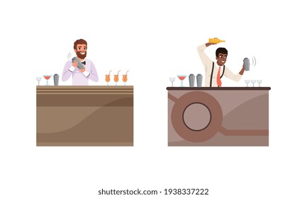 Barmen Preparing Alcoholic Cocktails at Bar Counter Set, Bartenders Characters Mixing Ingredients and Pouring Ready Drinks in Glass Cartoon Vector Illustration