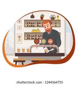 Barmen Standing at Bar Counter, Pouring Beer or Alcohol Drink in Glass Flat Vector Illustration Isolated on White Background. Small Business, Local Pub Owner Character. Occupation and Job Concept