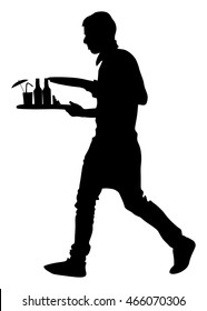 Barmen, waiter with empty and full trays, vector silhouette illustration on the white background. Servant in restaurant taking orders. Worker in pub serve food and drinks for guests.