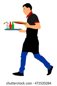 Barmen, waiter with empty and full trays, vector illustration on the white background. Servant in restaurant taking orders. Worker in pub serve food and drinks for guests.