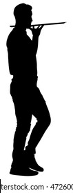 Barmen, waiter with empty tray, vector silhouette illustration on the white background. Servant in restaurant taking orders. Worker in pub serve food and drinks for guests.