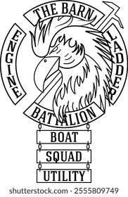 The barn battalion logo with one color outline eagle illustration. engine ladder monogram. boat, squad and utility compas decoration emblem equipment design navigation marine line