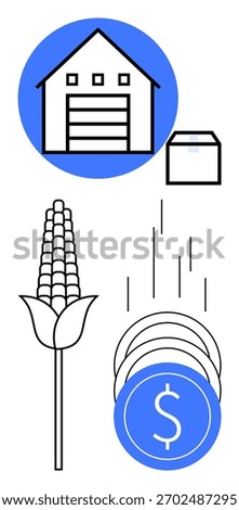 Barn, box, corn, and coins with financial growth concept. Ideal for farming, agriculture storage logistics commerce packaging and finance. Line metaphor. Line metaphor. Simple line icons