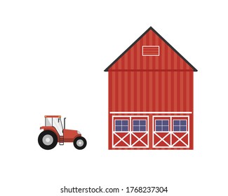 Barn Building Field Farmland Country and Tractor, side view, flat vector illustration with space for text